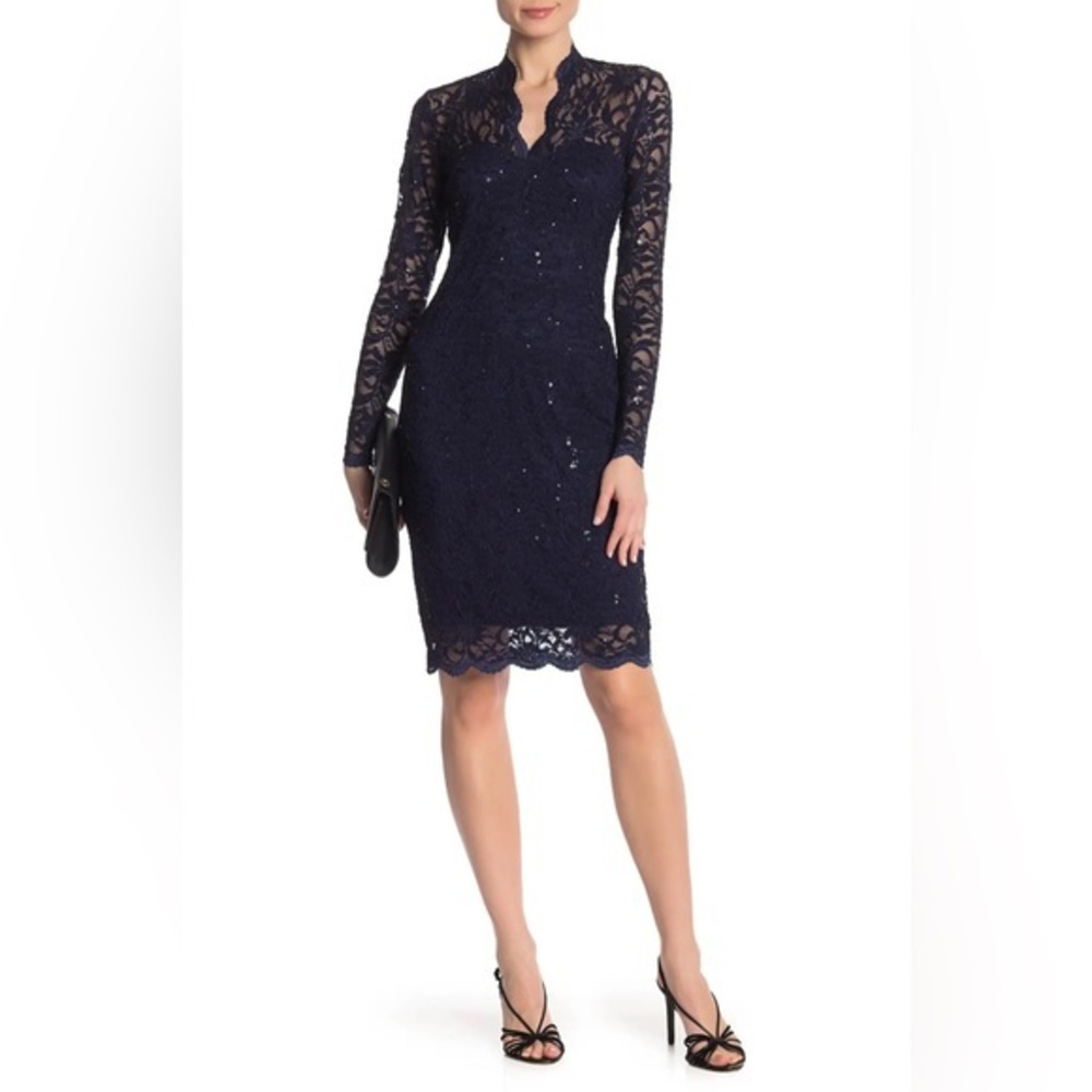 Marina Navy Blue Sequin Lace Long Sleeve Scalloped V-Neck Short Midi Dress -16